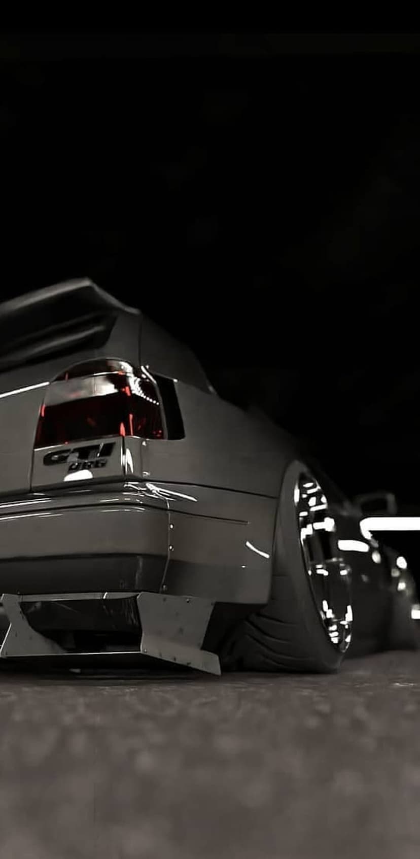 Modified car rear with dark red GTI taillights, exposed rivets, and chrome wheels on a low-profile stance.