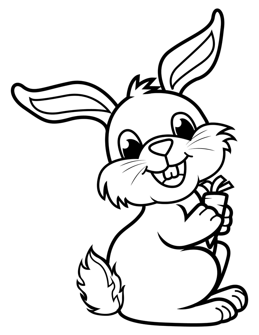 Rabbit coloring page featuring a sitting cartoon bunny holding a carrot with clean black line art on white background.