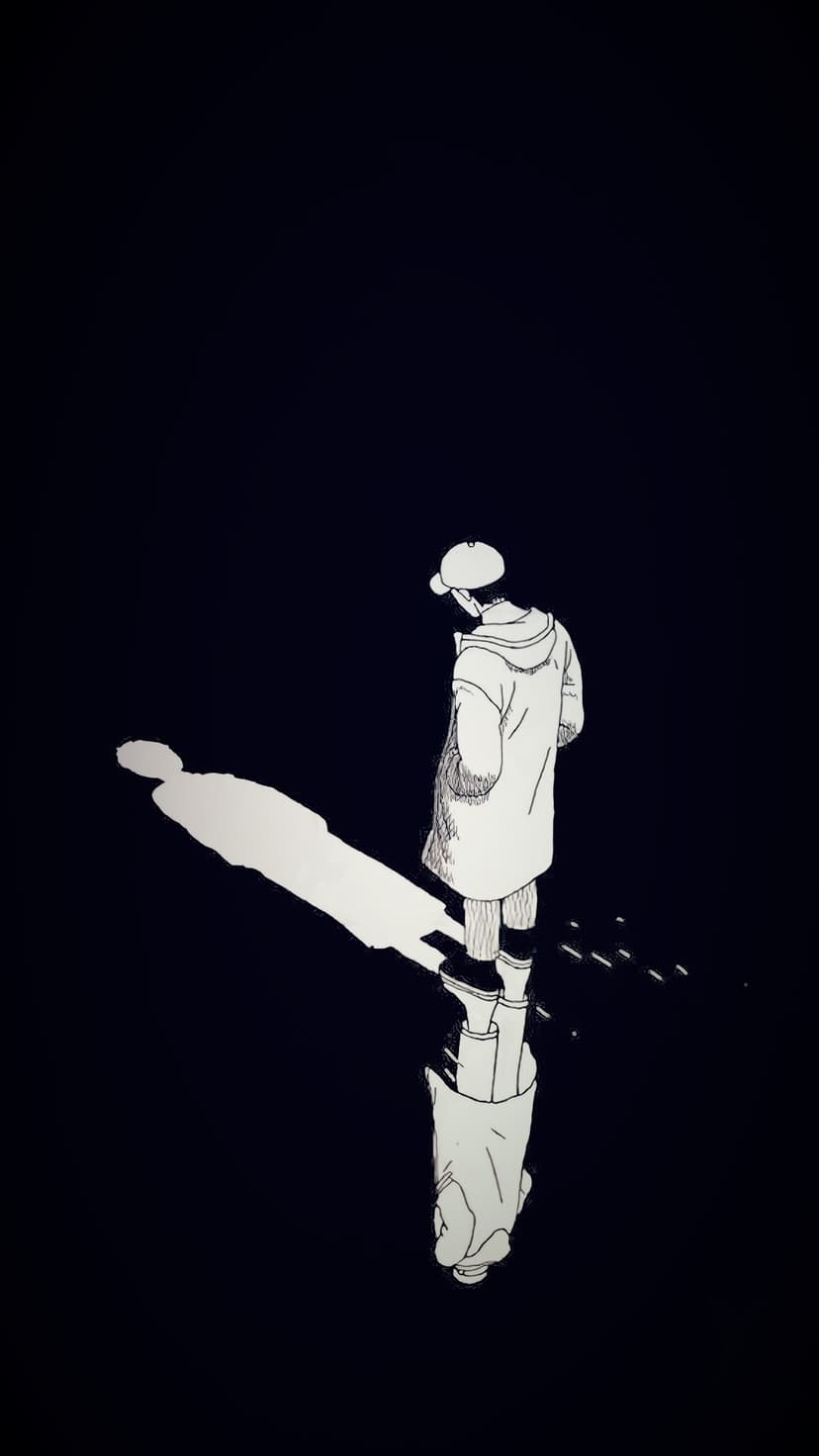 Hooded person in a baseball cap stands from behind as a long distorted shadow stretches across a dark floor.