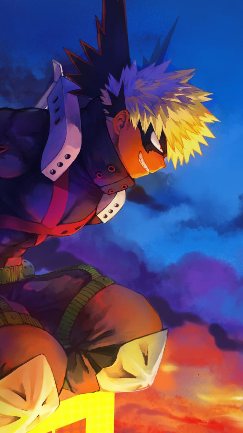Katsuki Bakugo scowls with spiky blonde hair against a vibrant orange and purple sunset sky with swirling clouds.