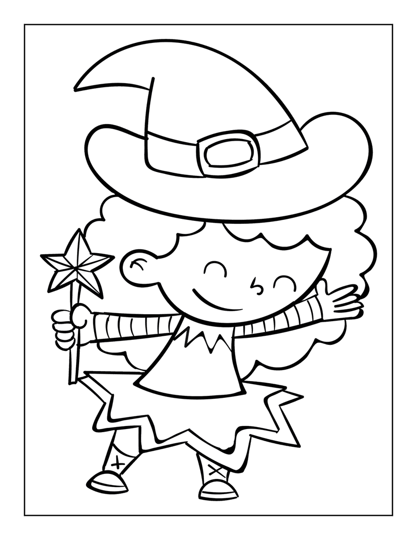 Witch coloring page featuring a girl character in a pointed hat holding a star wand in a front-facing pose.