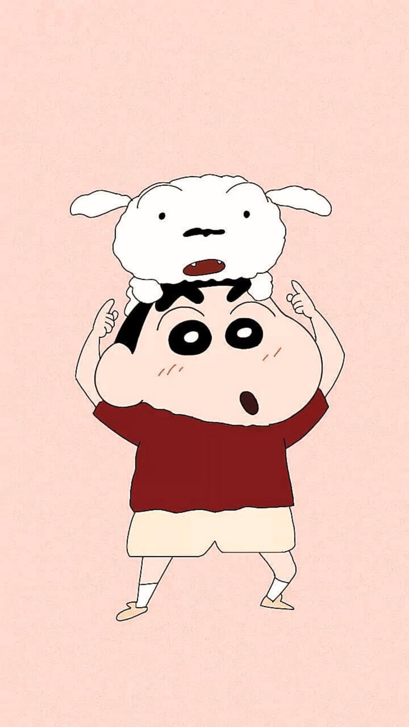 Shinnosuke Nohara balances a fluffy white dog on his head against a soft pastel pink background.