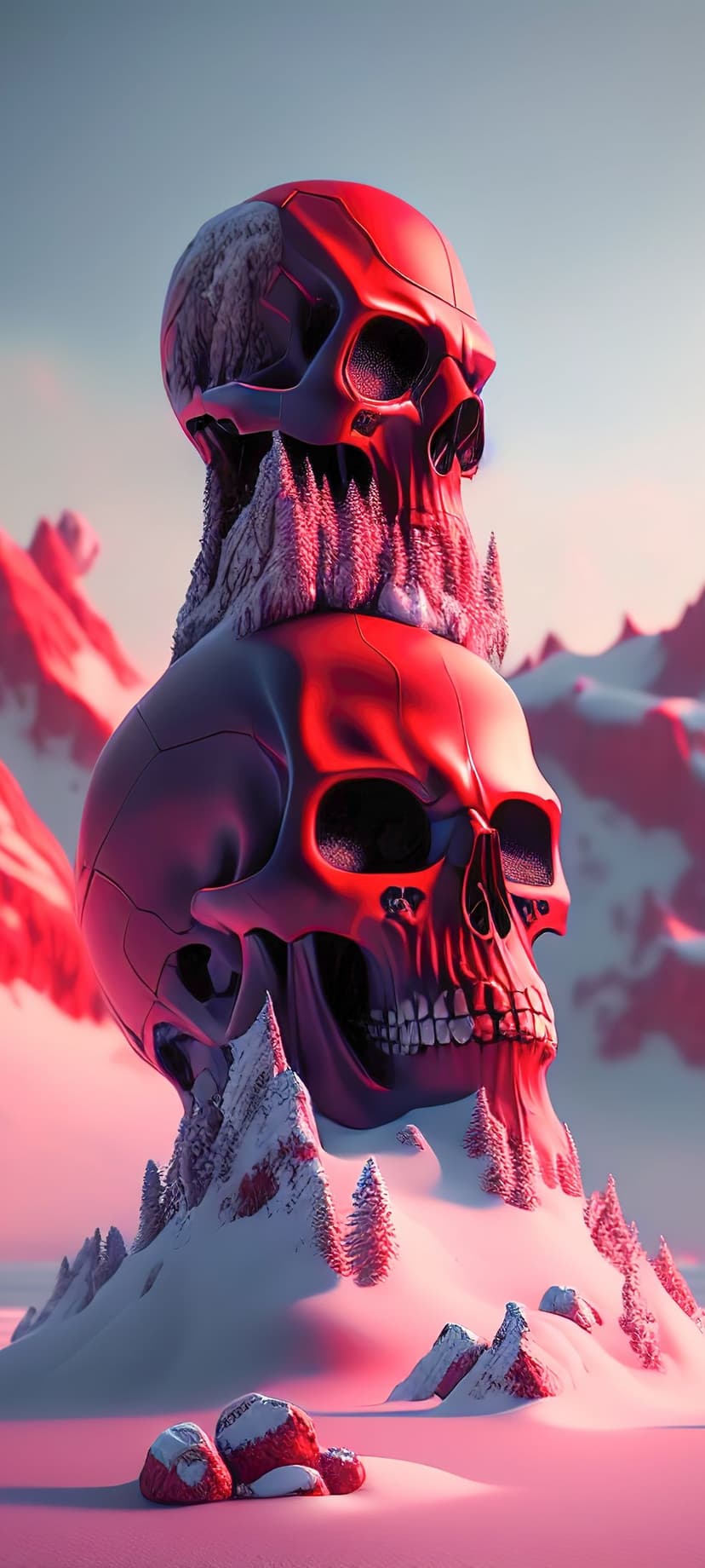 Red skulls on snowy mountain peaks under a pink and blue twilight sky with small pine trees on the slopes.