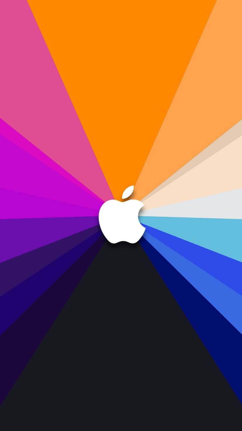 Apple logo in white centered over a radial explosion of purple, pink, and orange geometric triangular shapes.