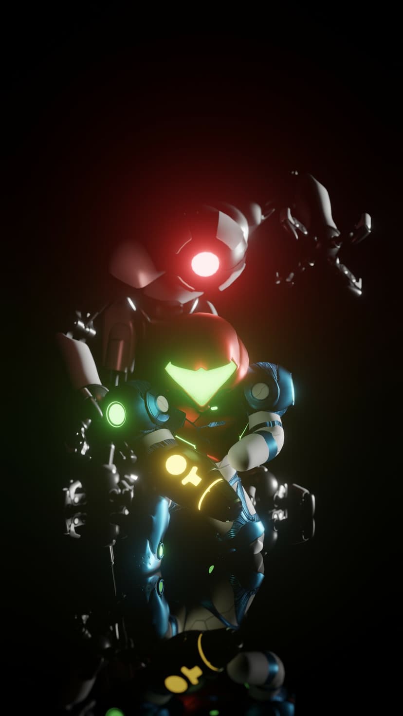Samus Aran in a blue power suit grabbed by a white EMMI robot with a bright glowing red eye in a dark setting.