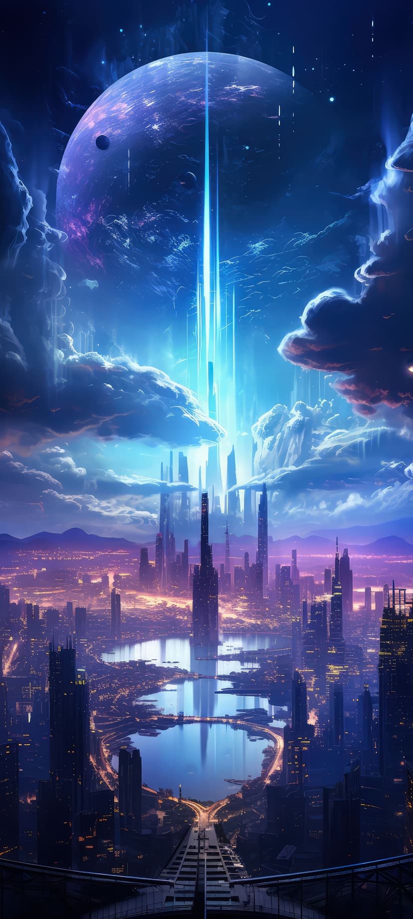 Towering futuristic skyscrapers reflect in dark water beneath a massive planet emitting a bright vertical beam.