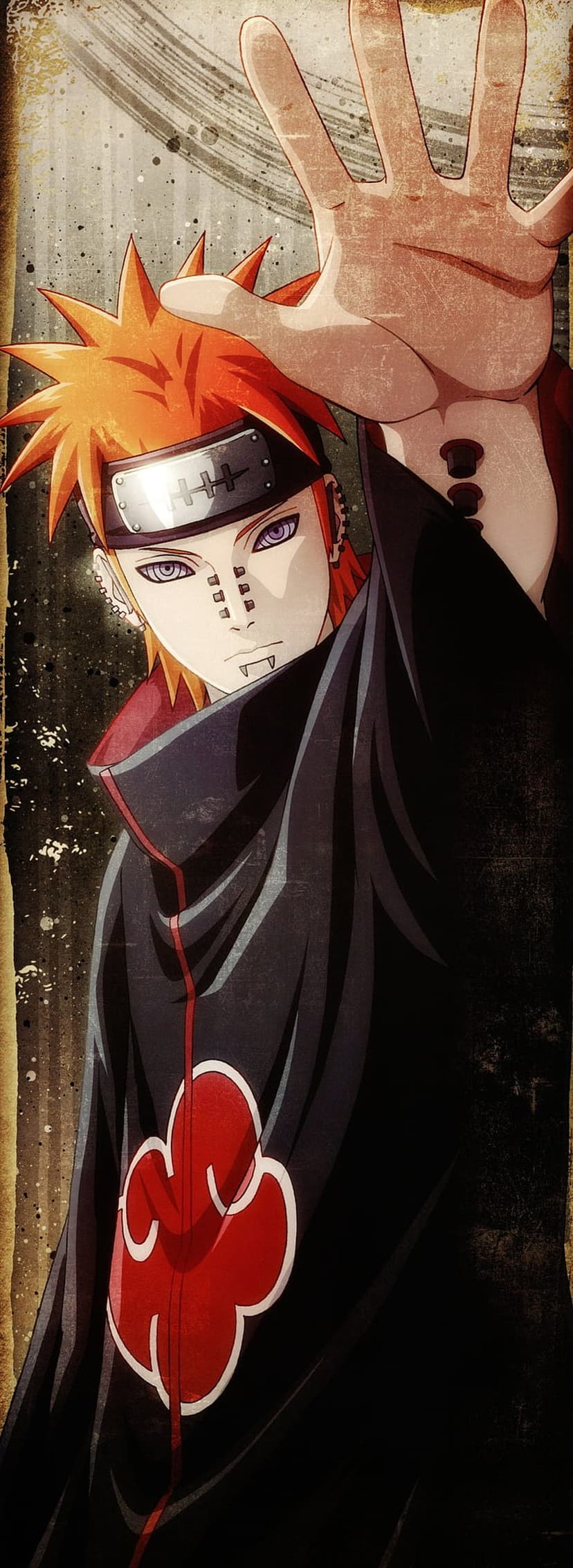 Pain with Rinnegan eyes and facial piercings raises his hand while wearing a black Akatsuki robe with red clouds.