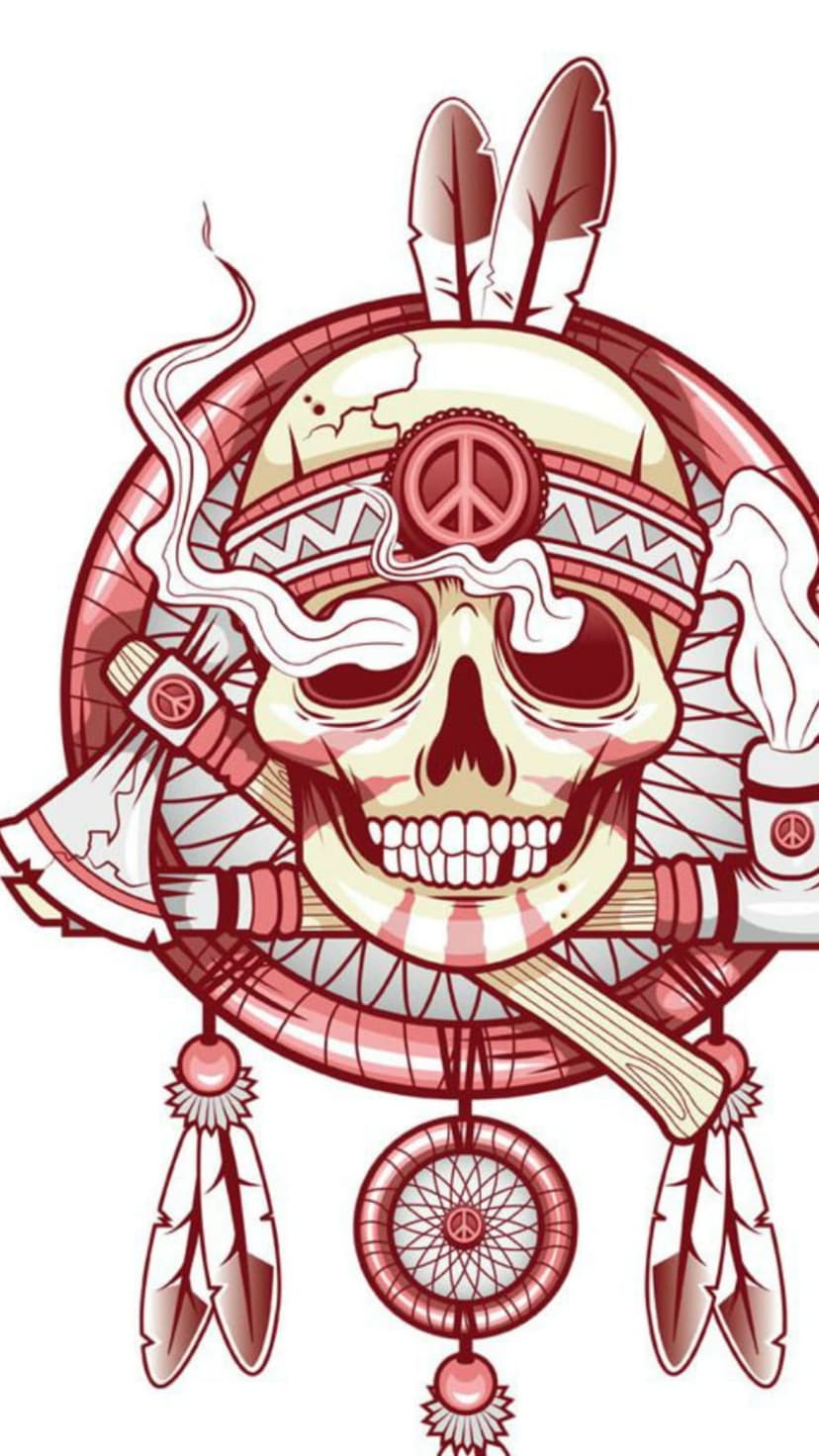 Native American skull wearing a feathered war bonnet with crossed tomahawks and a dreamcatcher in red and cream.