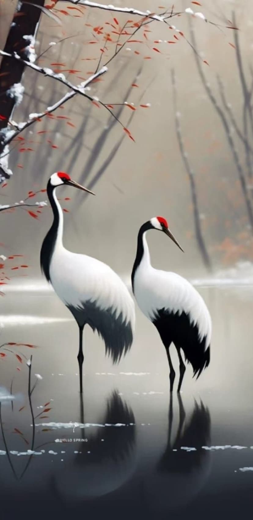 Two red-crowned cranes stand in shallow water surrounded by snow-covered branches and falling winter flakes.