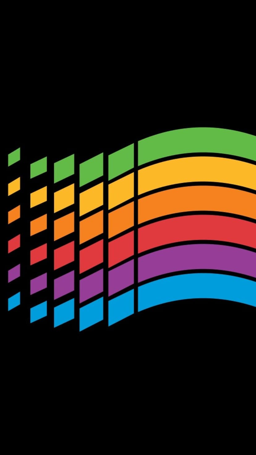 Rainbow colored square pixels forming a flowing wave pattern centered on a solid black background for mobile.