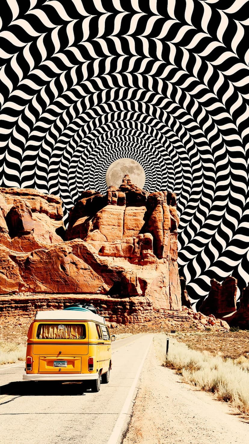 Yellow vintage camper van driving on a road between red rock formations and black and white spiral patterns.