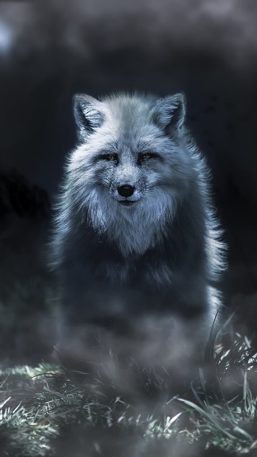 White fox with glowing fur sitting in tall grass surrounded by thick grey fog during a dark, misty night scene.