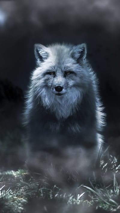 Mysterious fox emerges from foggy night.