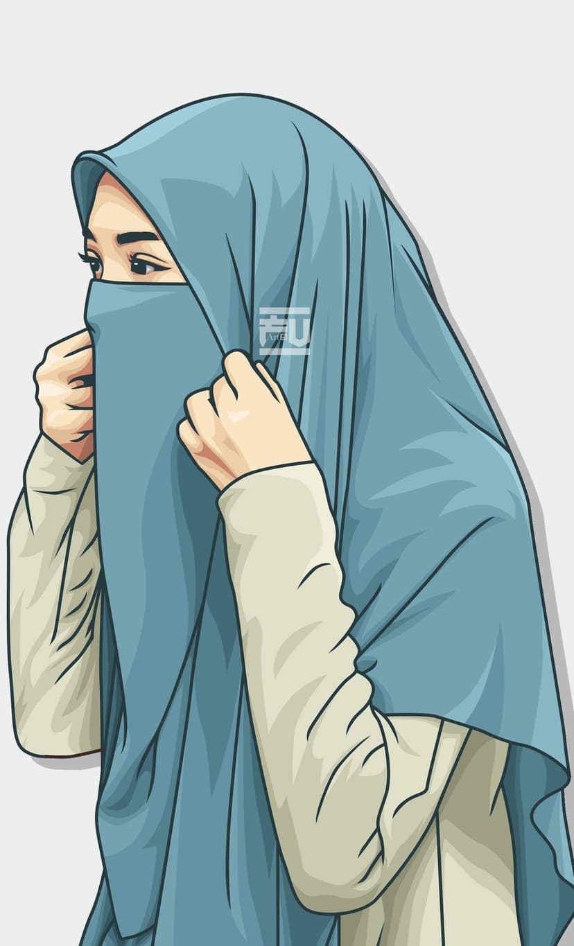Woman in a blue niqab with visible eyes and hands adjusting her veil against a light, minimalist background.