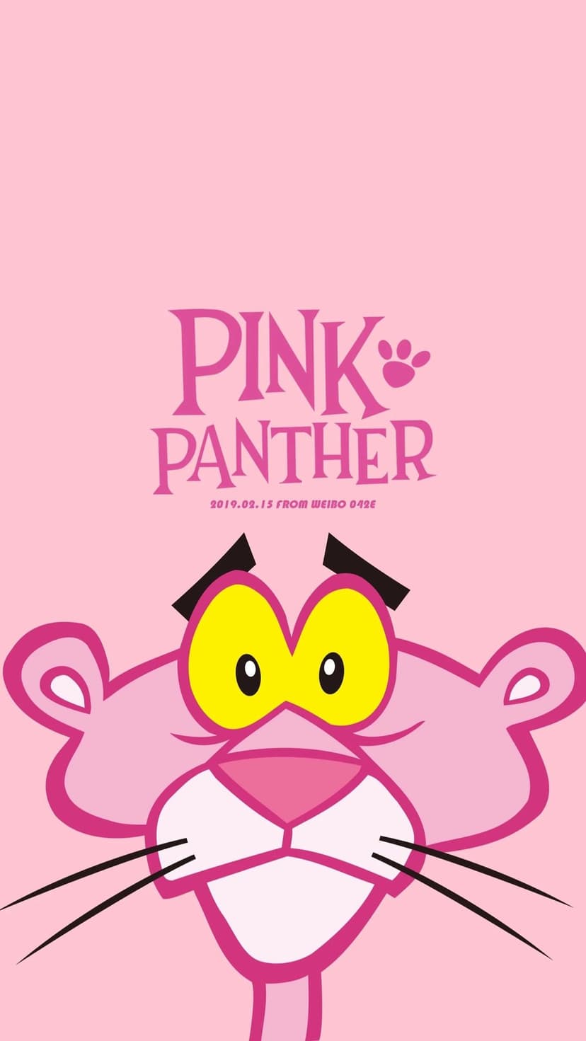 Pink Panther character leaning casually beside a logo and paw print on a solid light pink background surface.