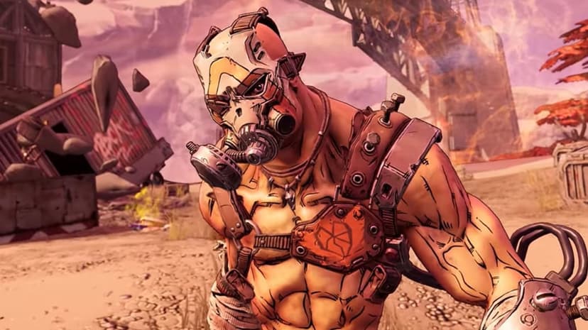 Muscular Borderlands Psycho with a gas mask stands in a dusty wasteland under a pinkish sky with scrap metal.