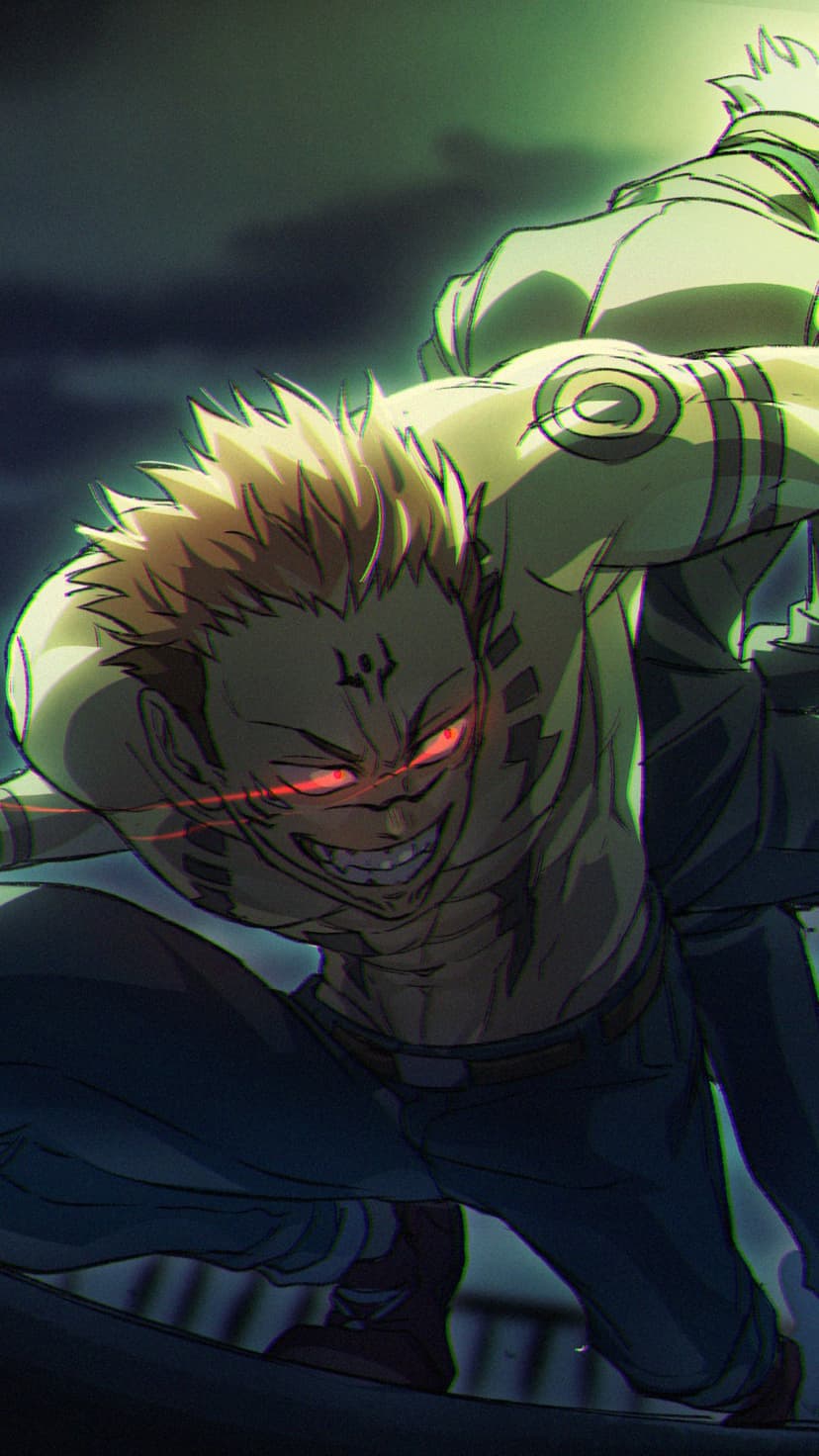 Ryomen Sukuna with red eyes and black facial markings grins while surrounded by dark swirling energy.