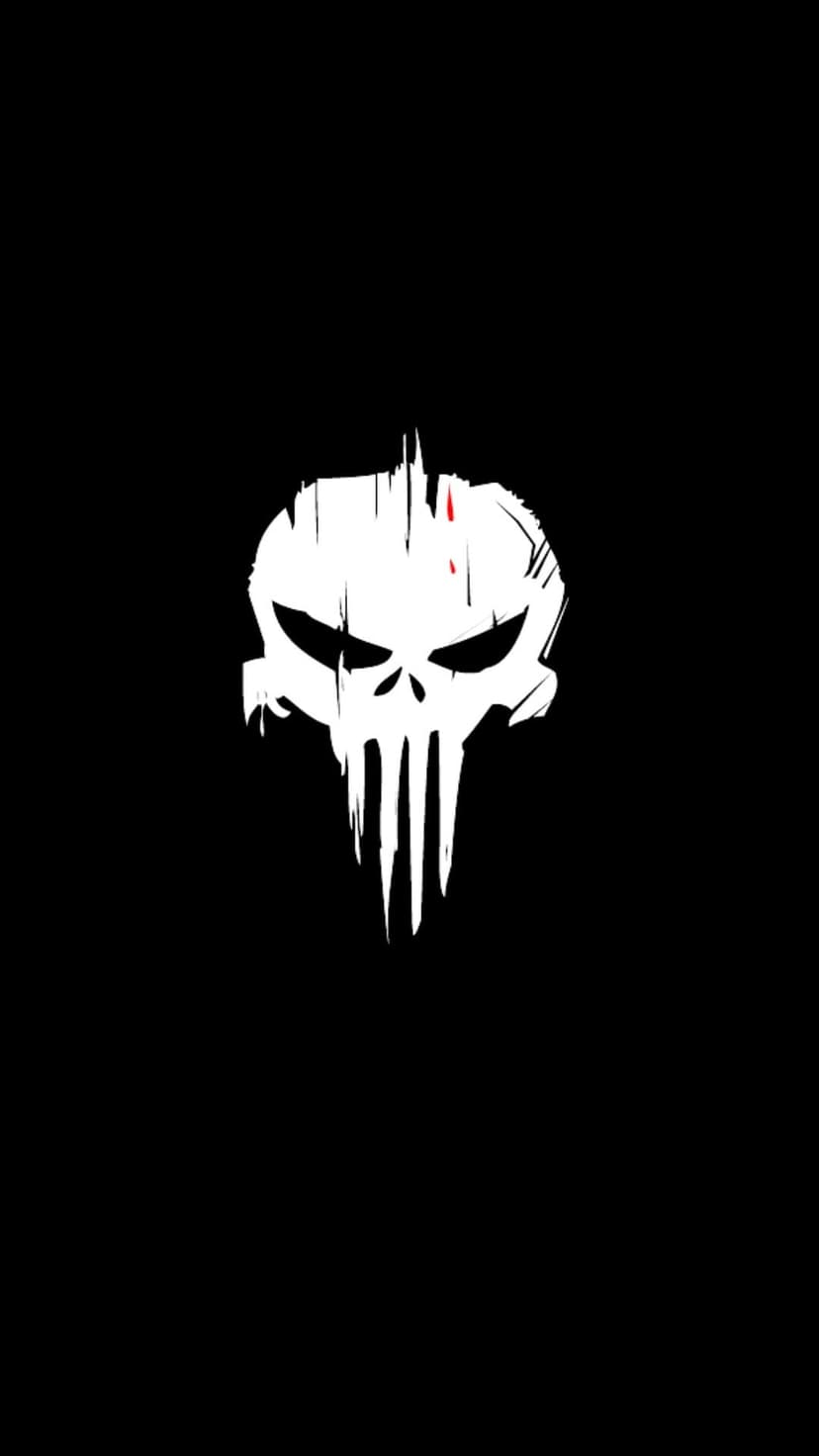 Distressed Punisher skull emblem with rough textures and red highlights centered on a black mobile background.