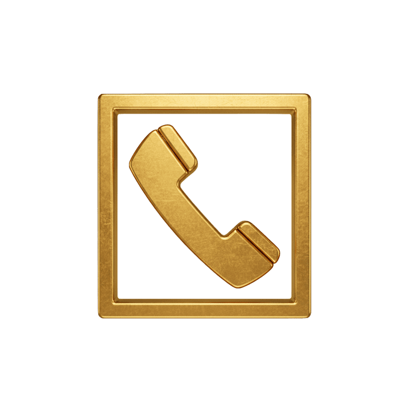 Golden square call icon features a 3D metallic phone receiver centered in a glossy reflective square frame.