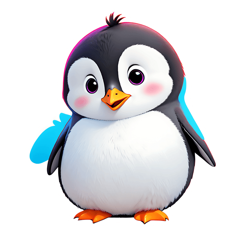 Gradient penguin sticker with an iridescent outline, fluffy white belly, and large purple eyes on black.