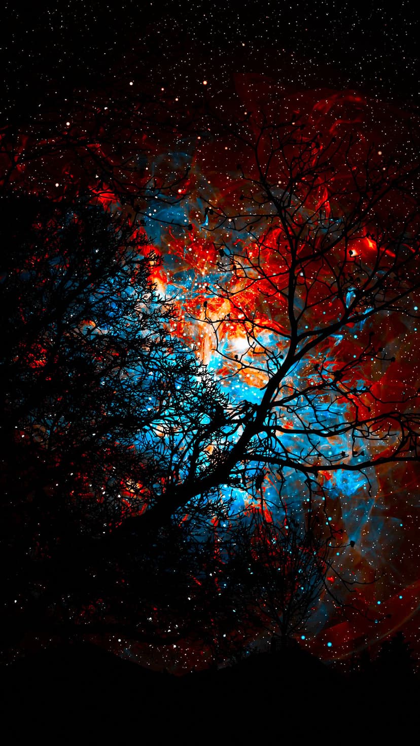 Intricate tree silhouette positioned before a vibrant crimson and azure nebula filled with shimmering starlight.