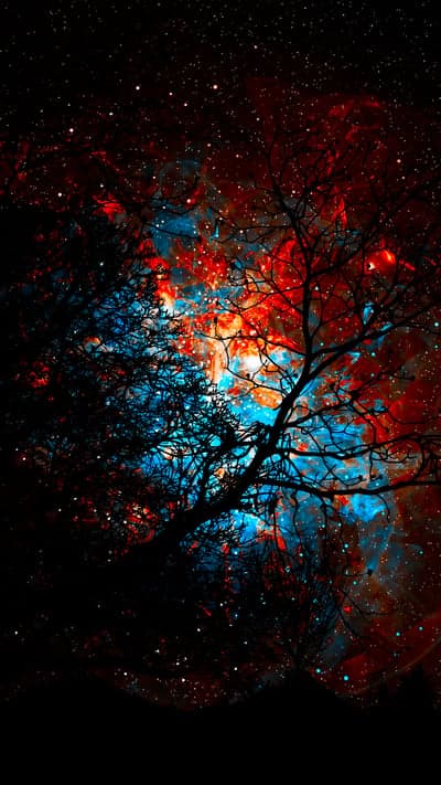 Cosmic Tree Silhouette Against Nebula