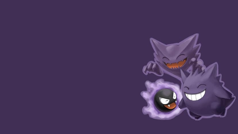 Gastly Haunter and Gengar float on a deep purple background with mischievous smiles and glowing eyes.