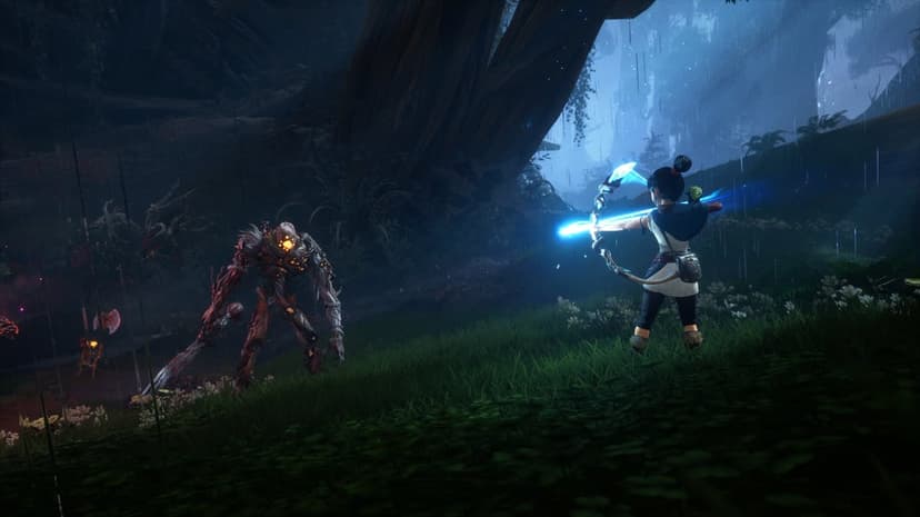 Kena draws a glowing blue energy bow at a wooden golem in a dark, rainy forest with massive tree roots.