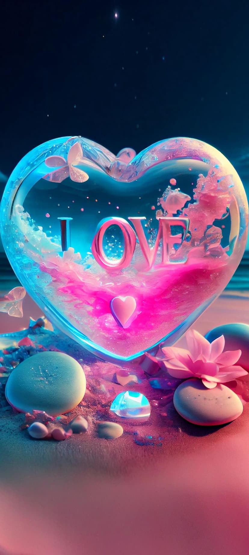 Glowing heart-shaped glass with pink cosmic dust, butterflies, and sparkling stars against a dark night sky.