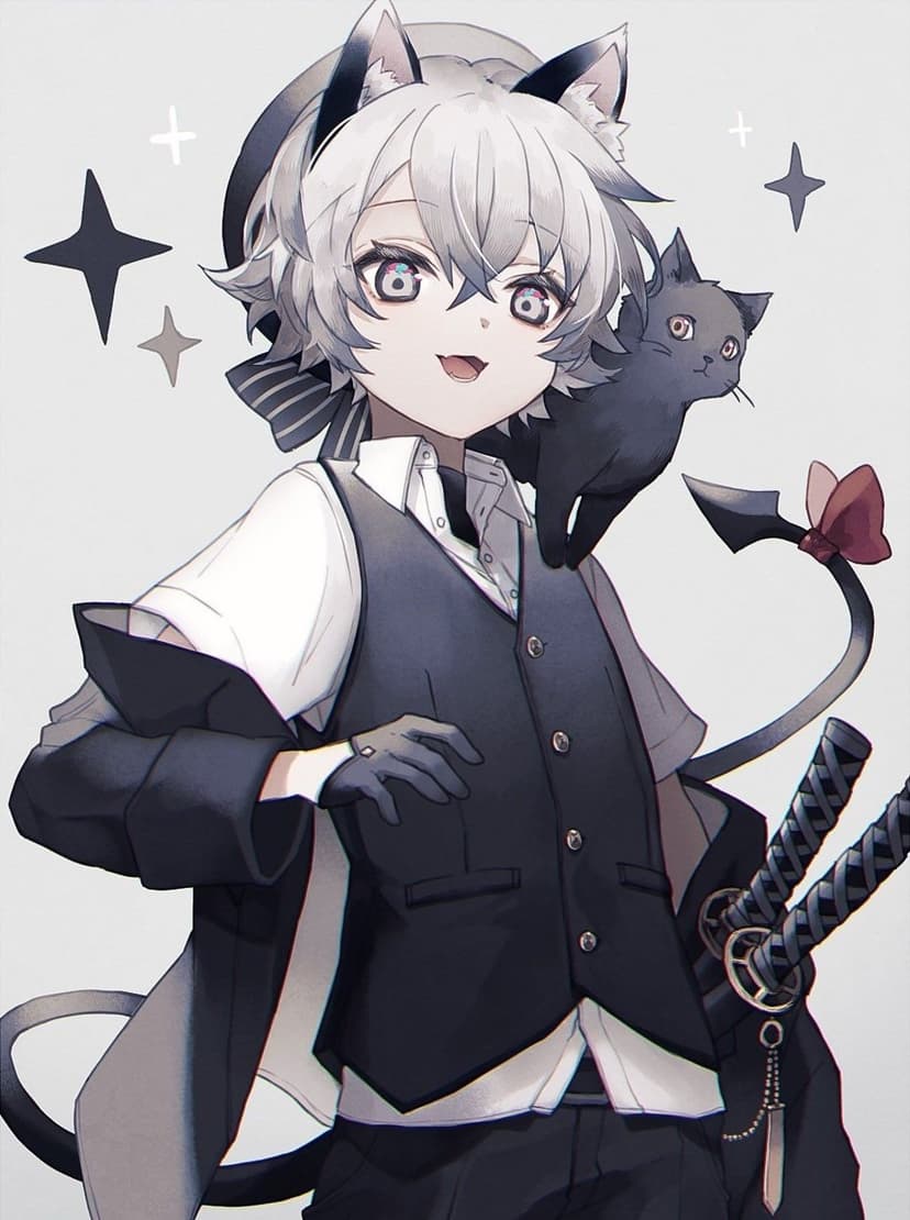 White-haired cat boy in a vest with two katanas at his side and a black kitten sitting on his shoulder.