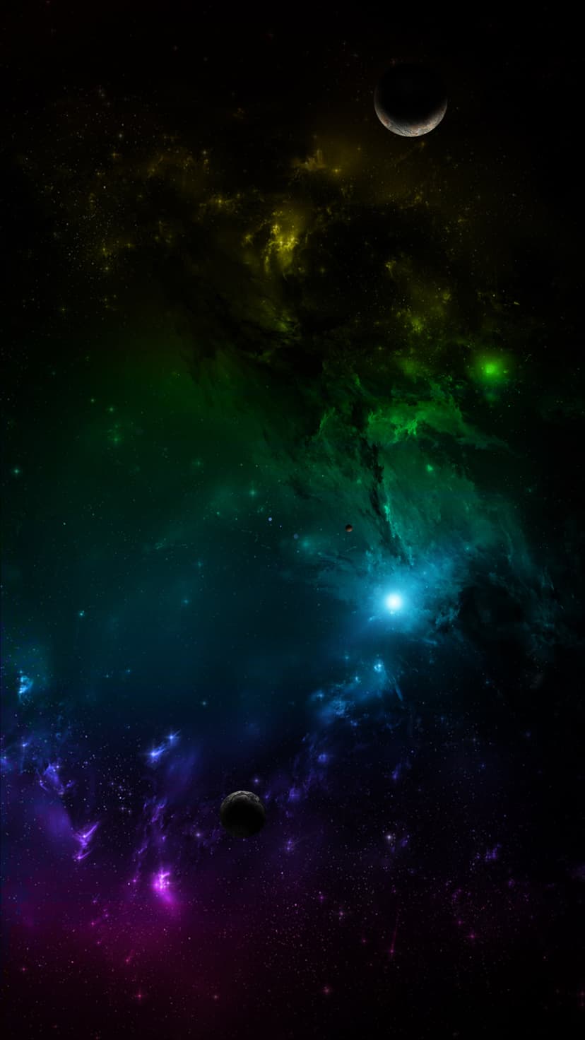 Vibrant purple and green nebula clouds drifting past two distant planets in a star-filled celestial void.