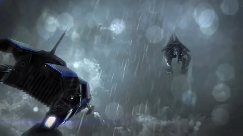 Futuristic blue spacecraft flying through heavy rain with bokeh lighting and a distant dark vessel.