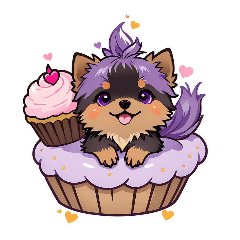 Purple puppy sticker sitting in a frosted cupcake with sprinkles, a pink heart treat, and white die-cut outline.