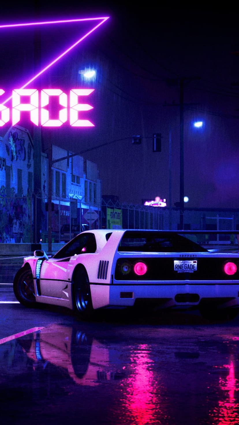 White sports car with a Renegade license plate drives on a rainy street with purple and pink neon reflections.