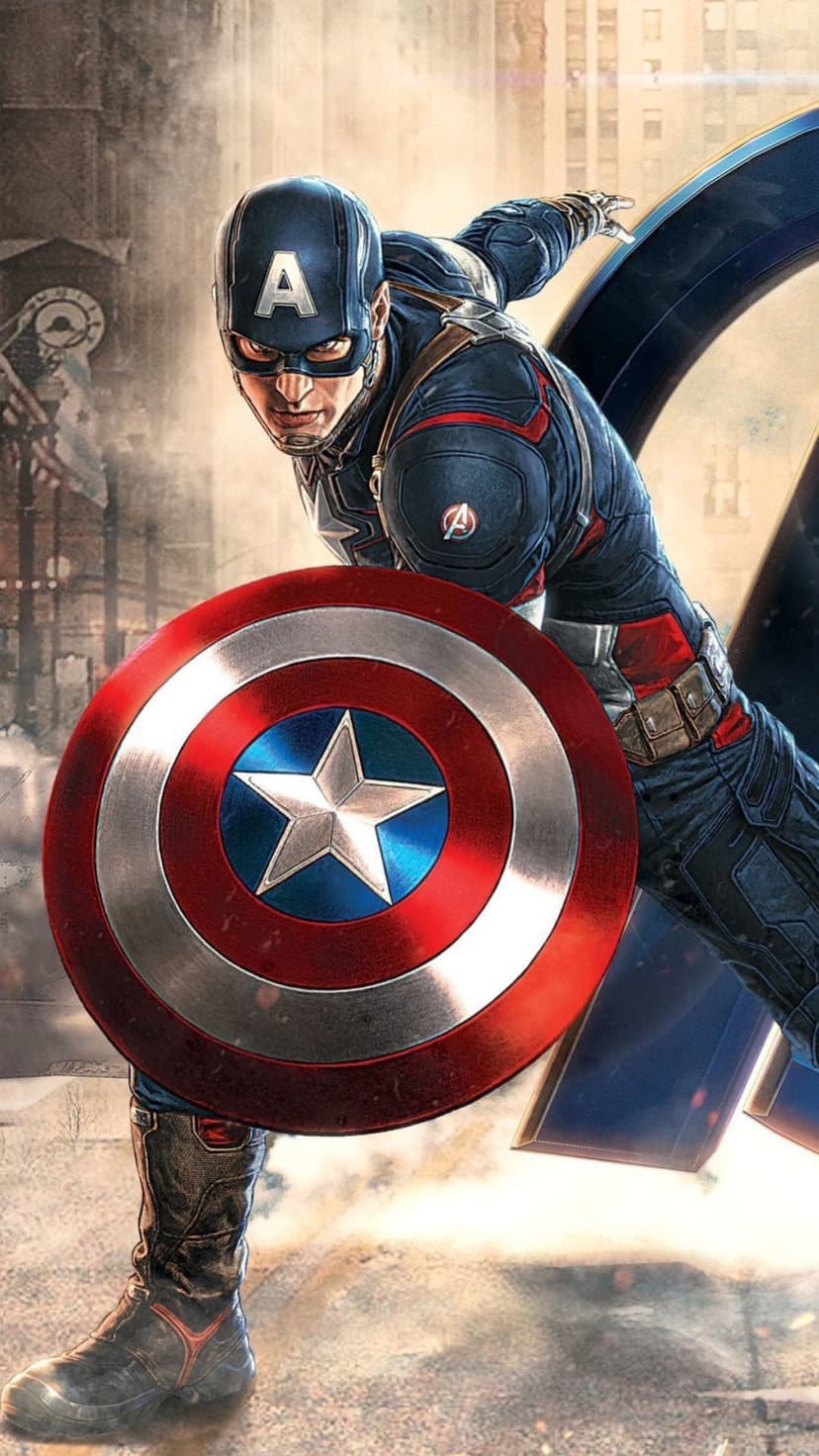 Captain America in blue tactical armor holds his vibranium shield in a defensive stance against a blurred city.