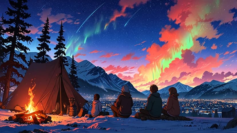 Friends sit by a campfire beneath green aurora borealis and shooting stars amidst snowy mountain peaks.