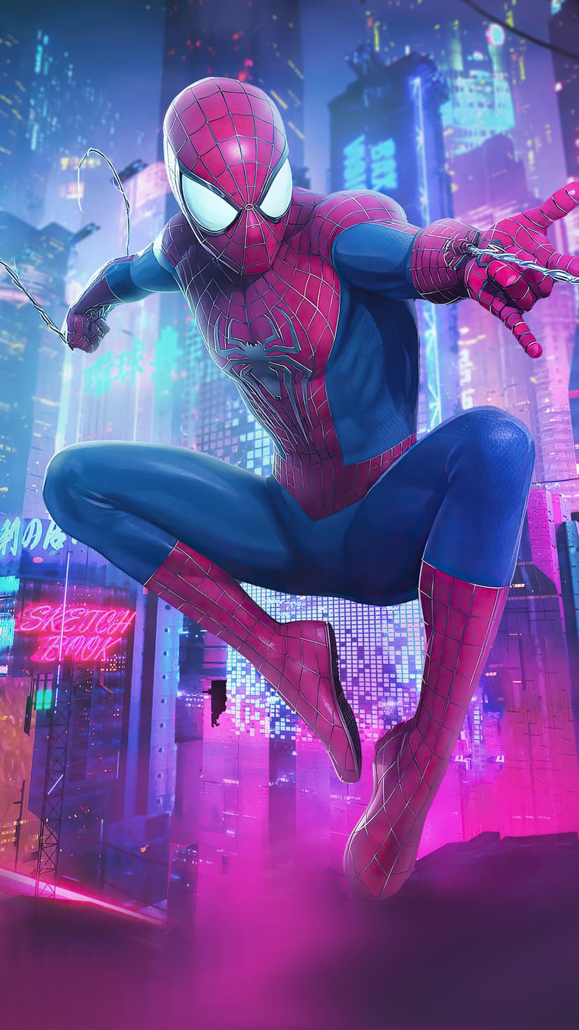 Spider-Man swings between neon skyscrapers at night using glowing blue webs against a futuristic city skyline.