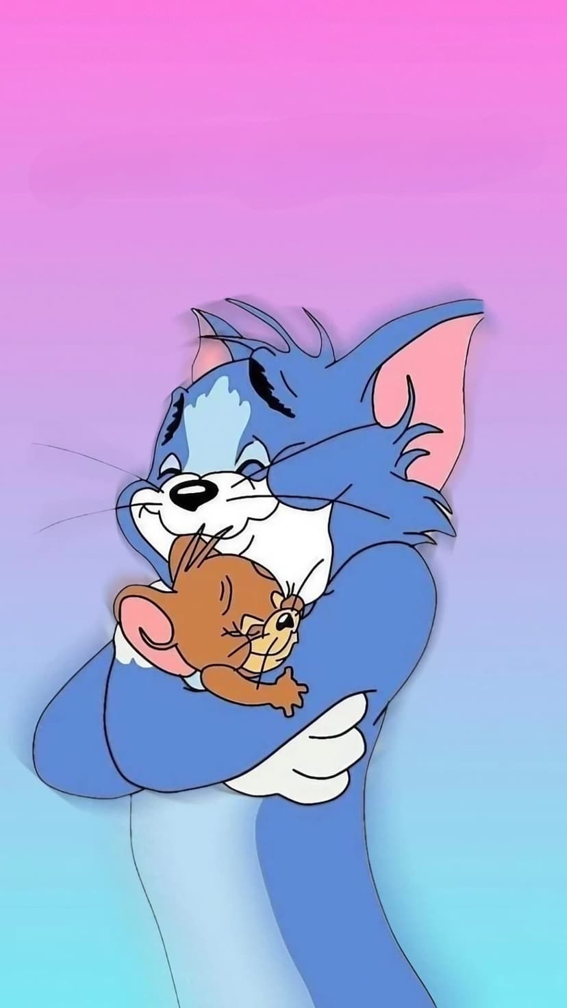 Tom the cat hugs Jerry the mouse tightly against a pastel pink and blue gradient backdrop in a vertical layout.