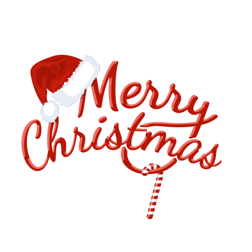 Merry Christmas logo featuring red serif fonts and white-trimmed Santa hats on a transparent background.