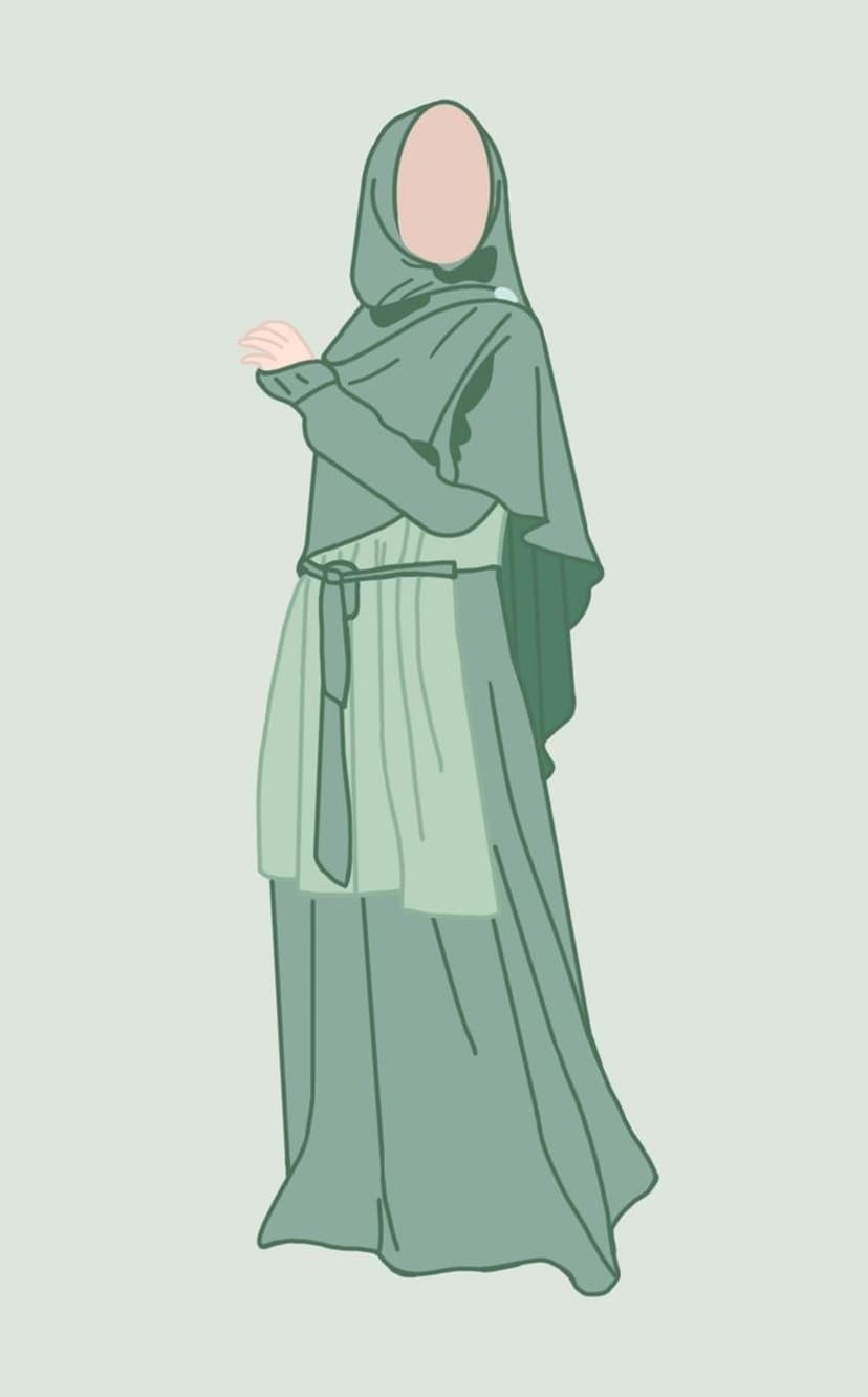 Woman wearing a layered sage green hijab and belted long dress stands against a plain minimalist background.