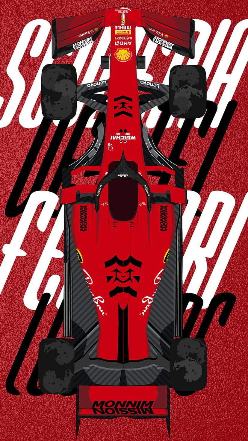 Red Ferrari Formula 1 car viewed from above against a textured crimson background with visible sponsor logos.