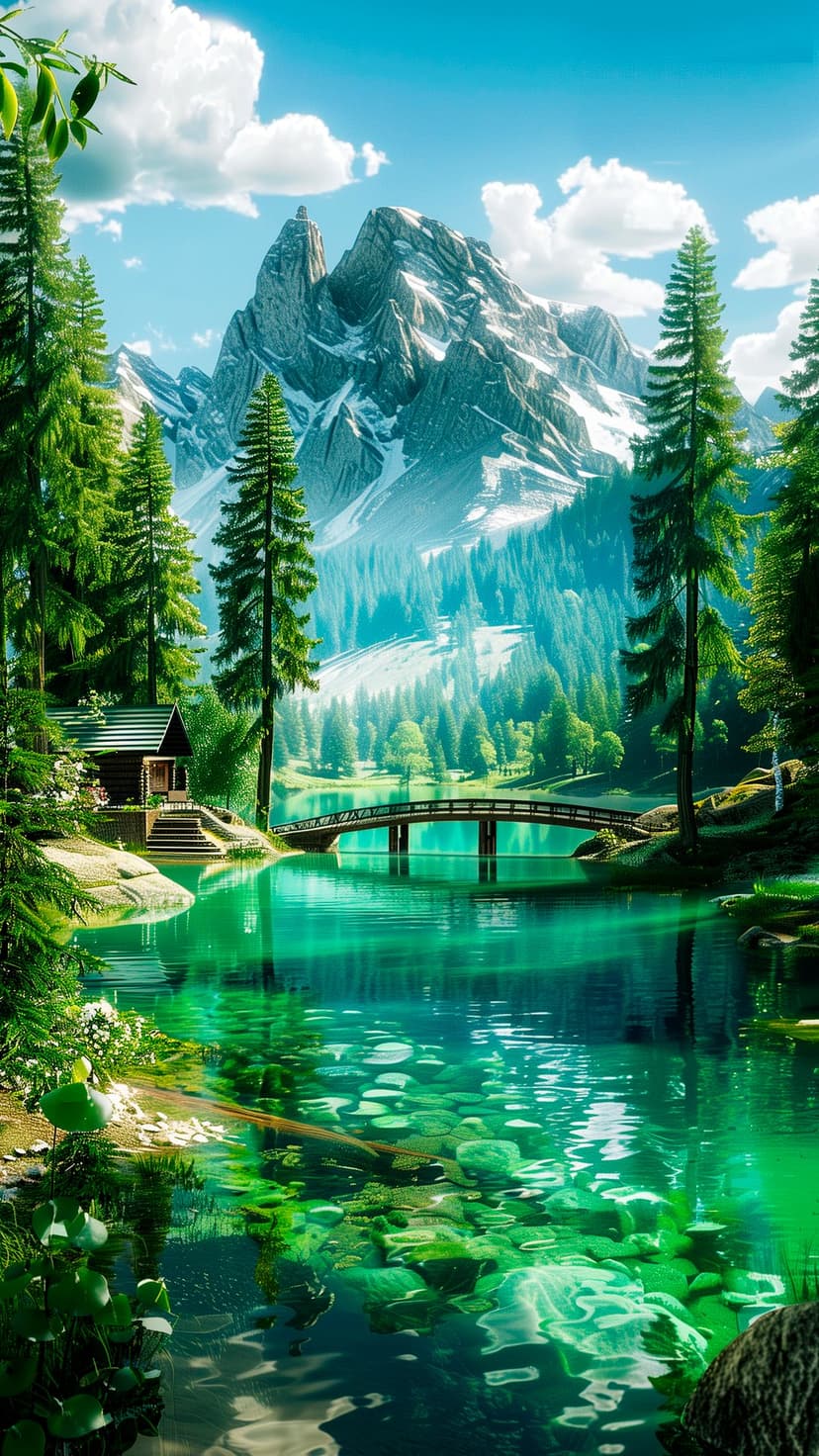 Wooden cabin and arched bridge overlook an emerald mountain lake under snowy peaks and a bright blue sky.