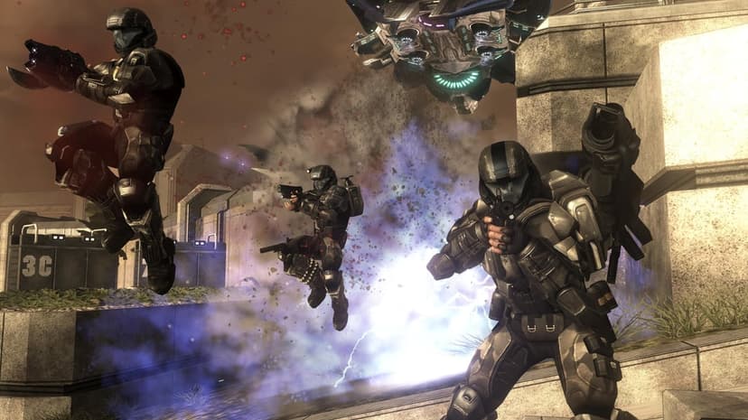 ODST soldiers in tactical armor jump and fire weapons amidst blue energy explosions under a Covenant Phantom.