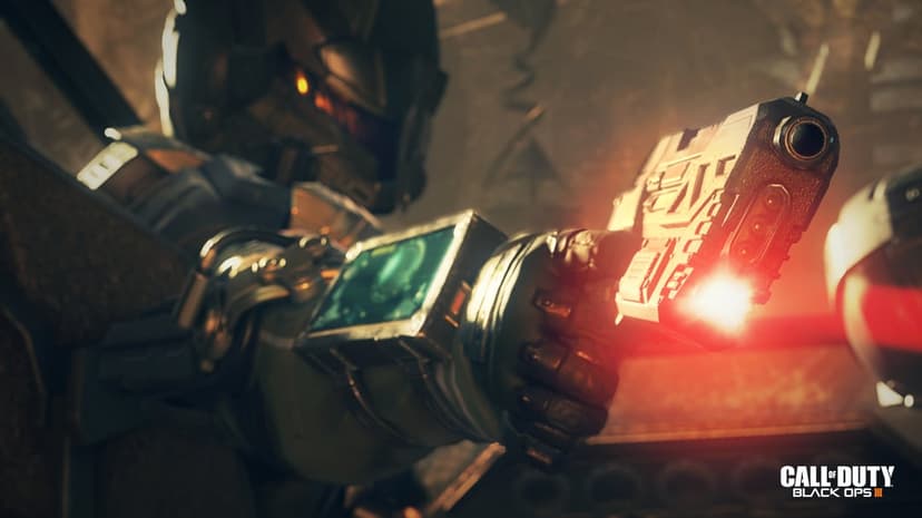 Black Ops soldier wearing futuristic tactical armor stands in a cinematic action scene with glowing lights.