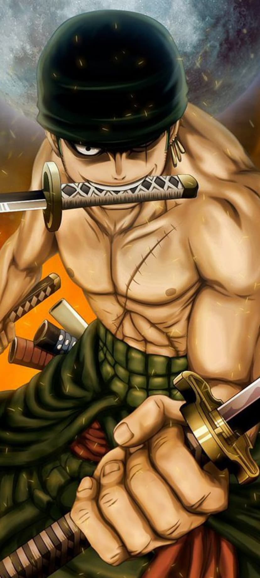 Roronoa Zoro posing with three katanas, wearing a green bandana with a muscular build in a combat stance.