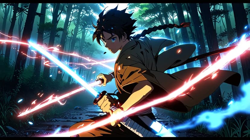 Anime warrior with a braided ponytail wields glowing red and blue swords in a dark, atmospheric forest setting.