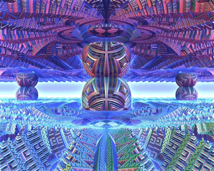 Two ornate geometric spheres stack vertically amidst mirrored violet fractal spires and glowing magenta horizons.