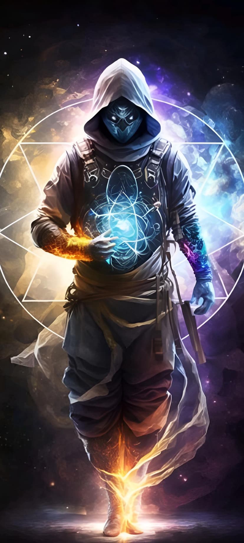 Hooded sorcerer holding a blazing orange fire and a swirling blue orb against a celestial geometric backdrop.