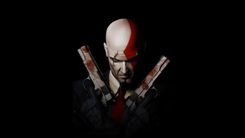 Agent 47 and Kratos hybrid character in a black suit holding two blood-stained pistols against a dark background.