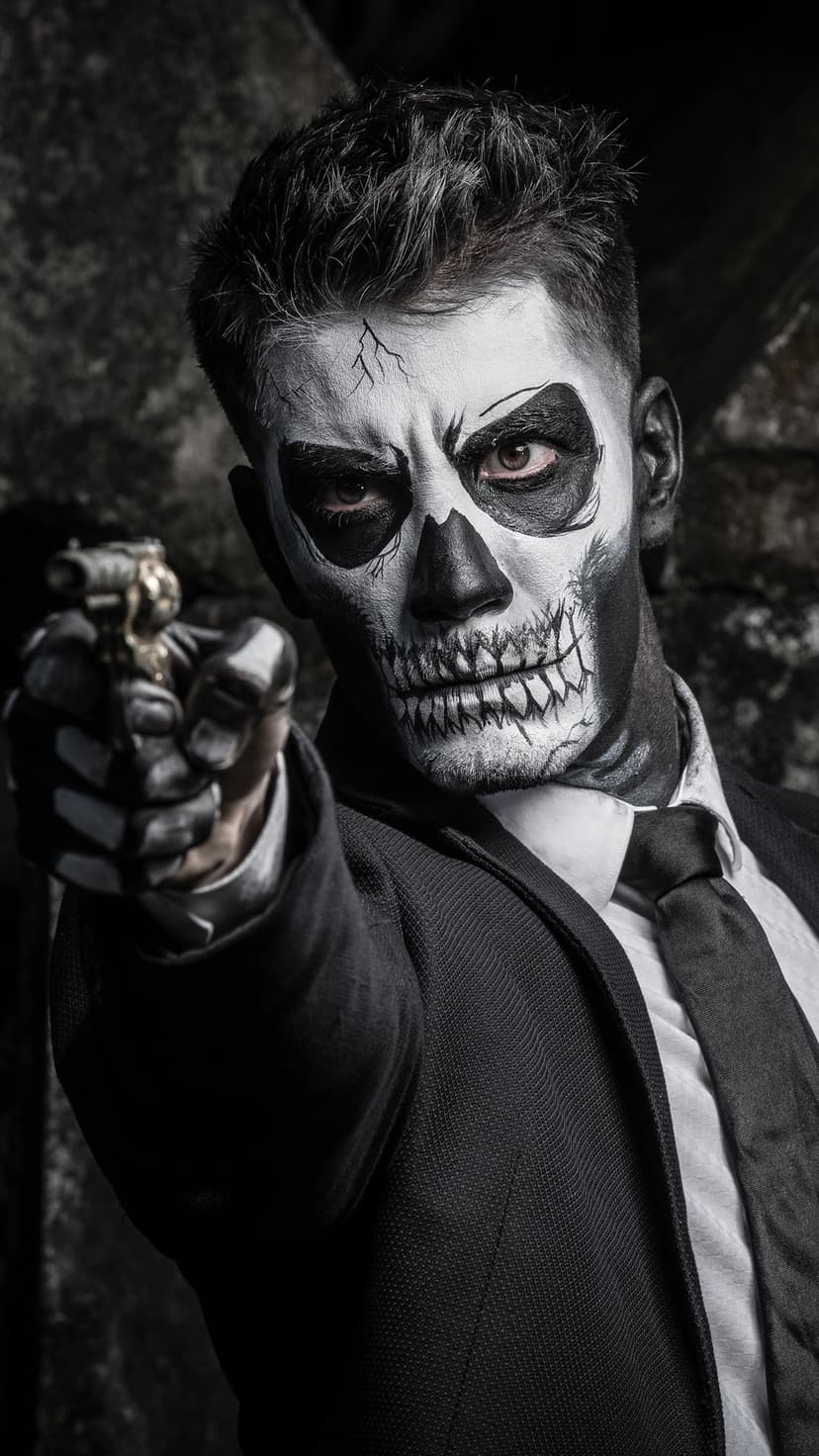Man in a black suit with skull face paint aims a handgun forward against a dark, moody background.